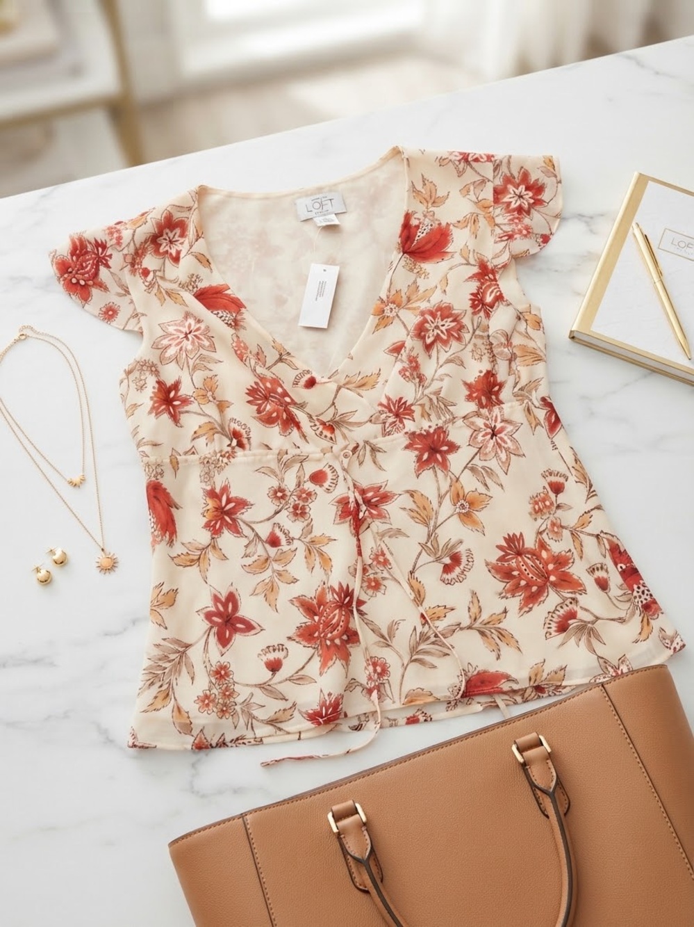 LOFT Cream Floral V-Neck Flutter Sleeve Blouse with Rust Blooms